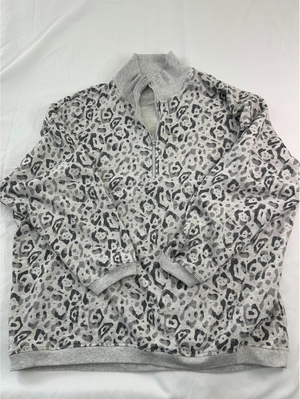 Aerie Oh Zip Sweatshirt Womens L Gray Leopard Print Quarter Zip Pullover